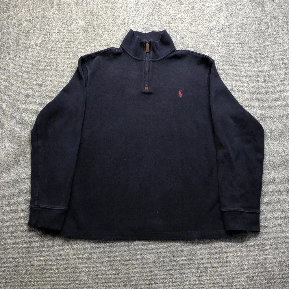 Polo Ralph Lauren Mens Navy Blue Quarter Zip Pullover Sweater Large Red Pony